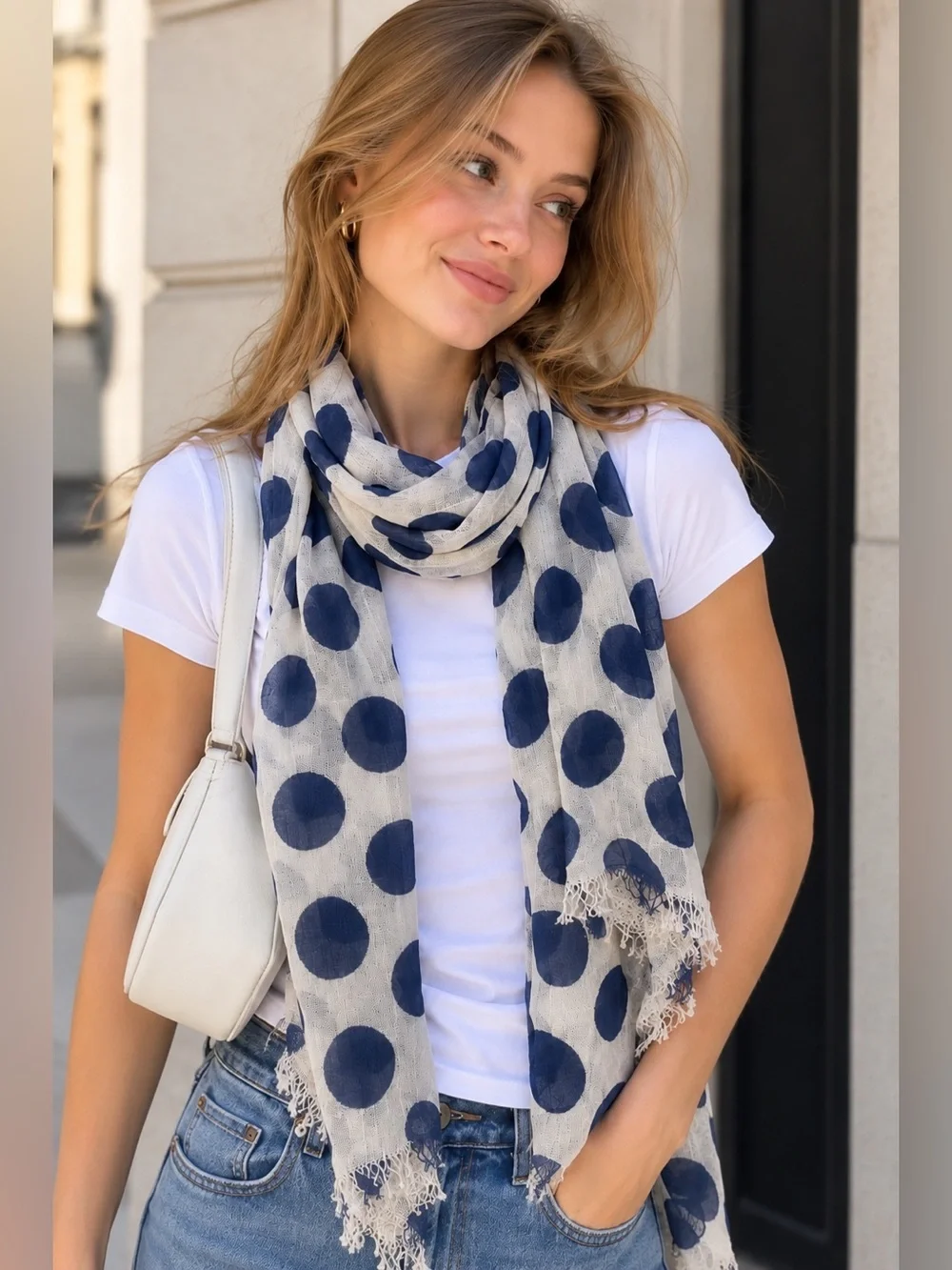Massimo Dutti Style Navy Blue Polka Dot Lightweight Scarf